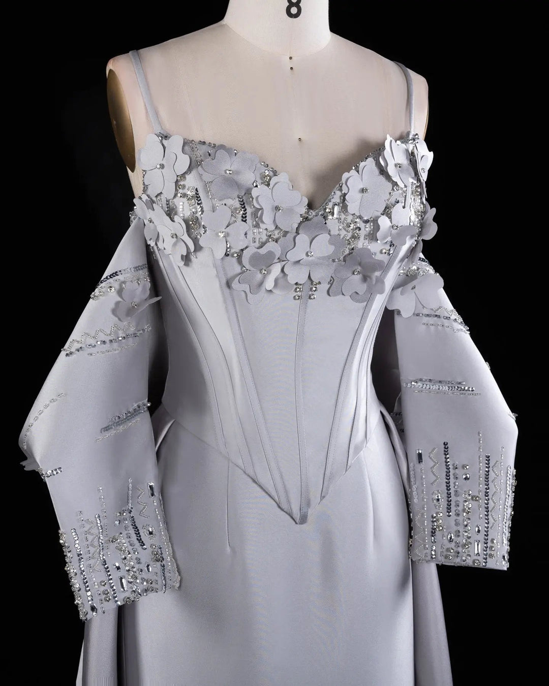 Gray Floral Applique Corset Evening Gown with Draped Sleeves XD005