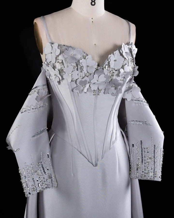 Gray Floral Applique Corset Evening Gown with Draped Sleeves XD005