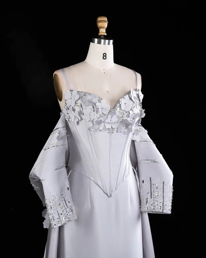 Gray Floral Applique Corset Evening Gown with Draped Sleeves XD005