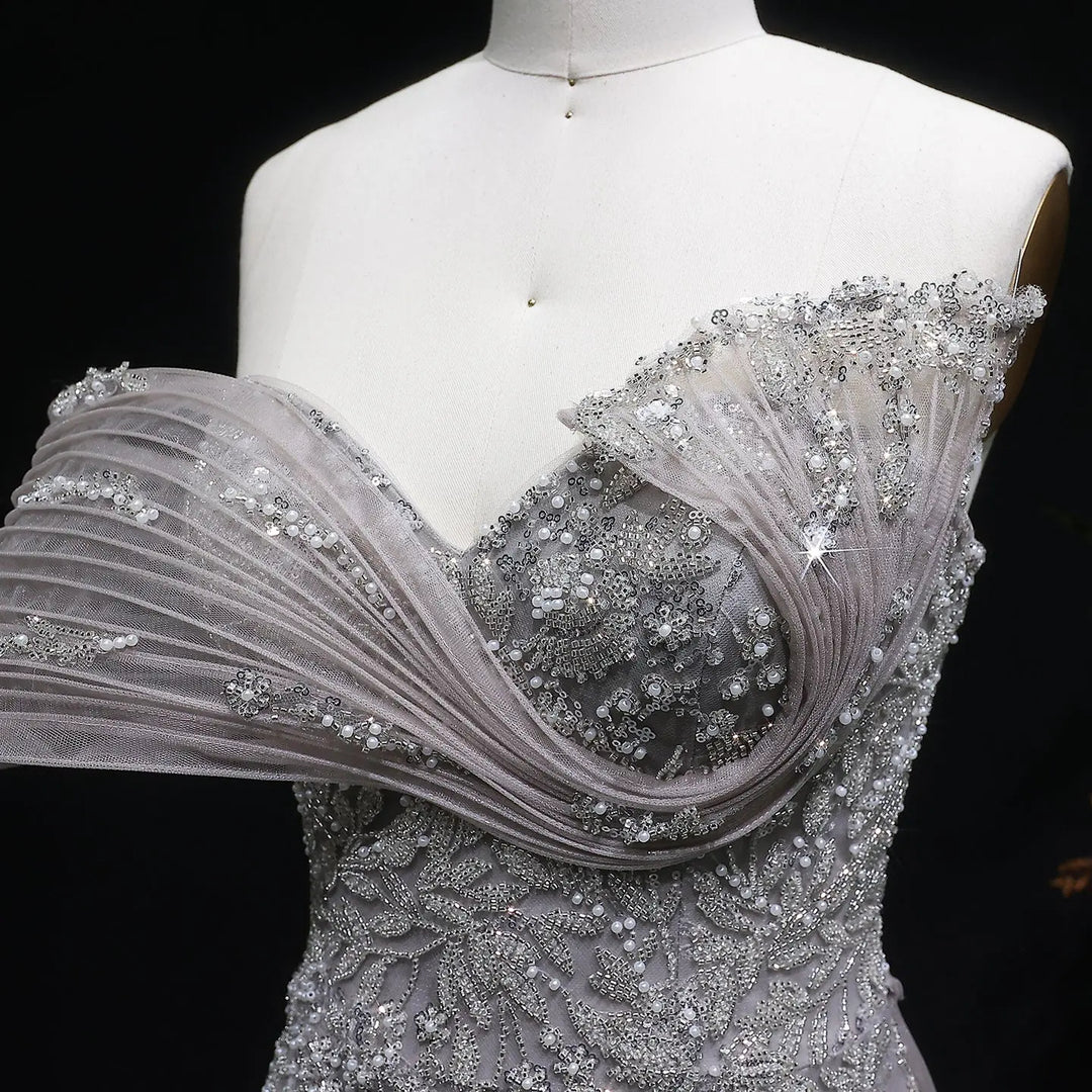 Luxury Gray Off-Shoulder Beaded Evening Gown with Tulle Train SS527