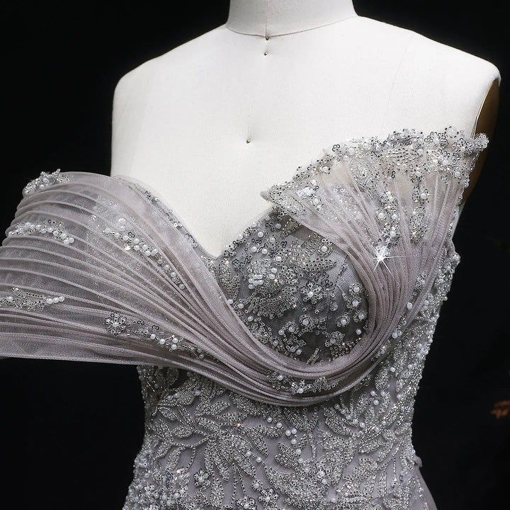 Luxury Gray Off-Shoulder Beaded Evening Gown with Tulle Train SS527