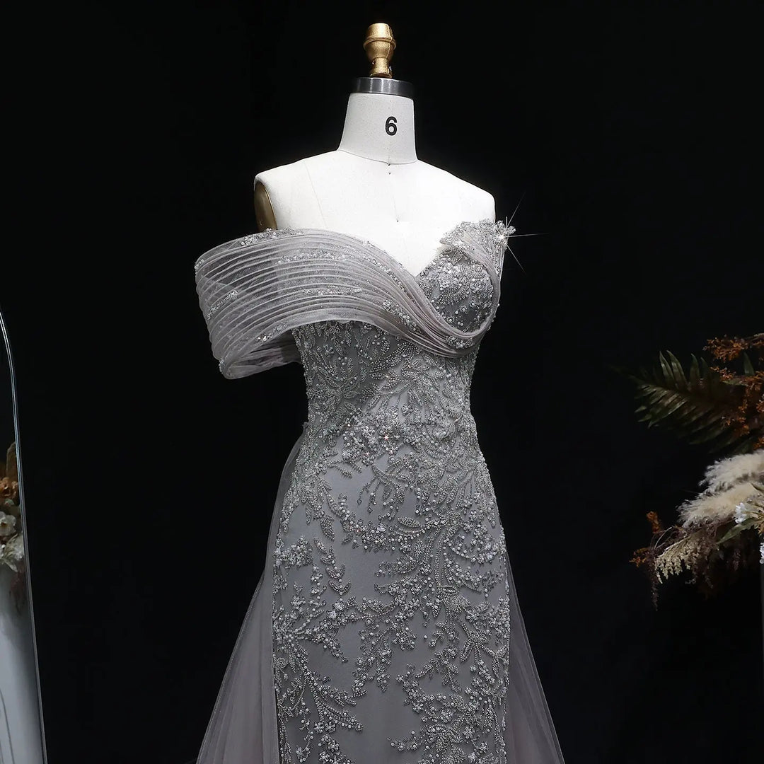 Luxury Gray Off-Shoulder Beaded Evening Gown with Tulle Train SS527