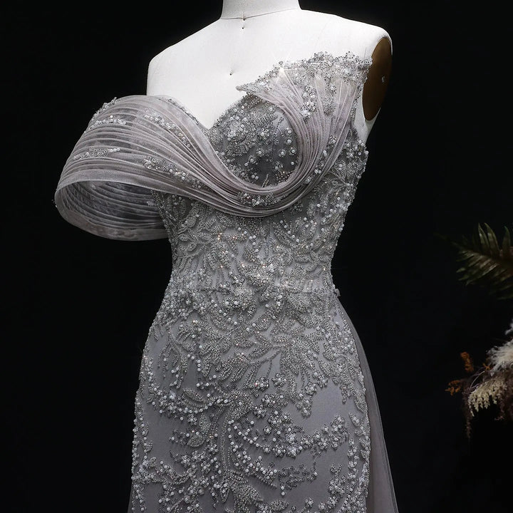 Luxury Gray Off-Shoulder Beaded Evening Gown with Tulle Train SS527