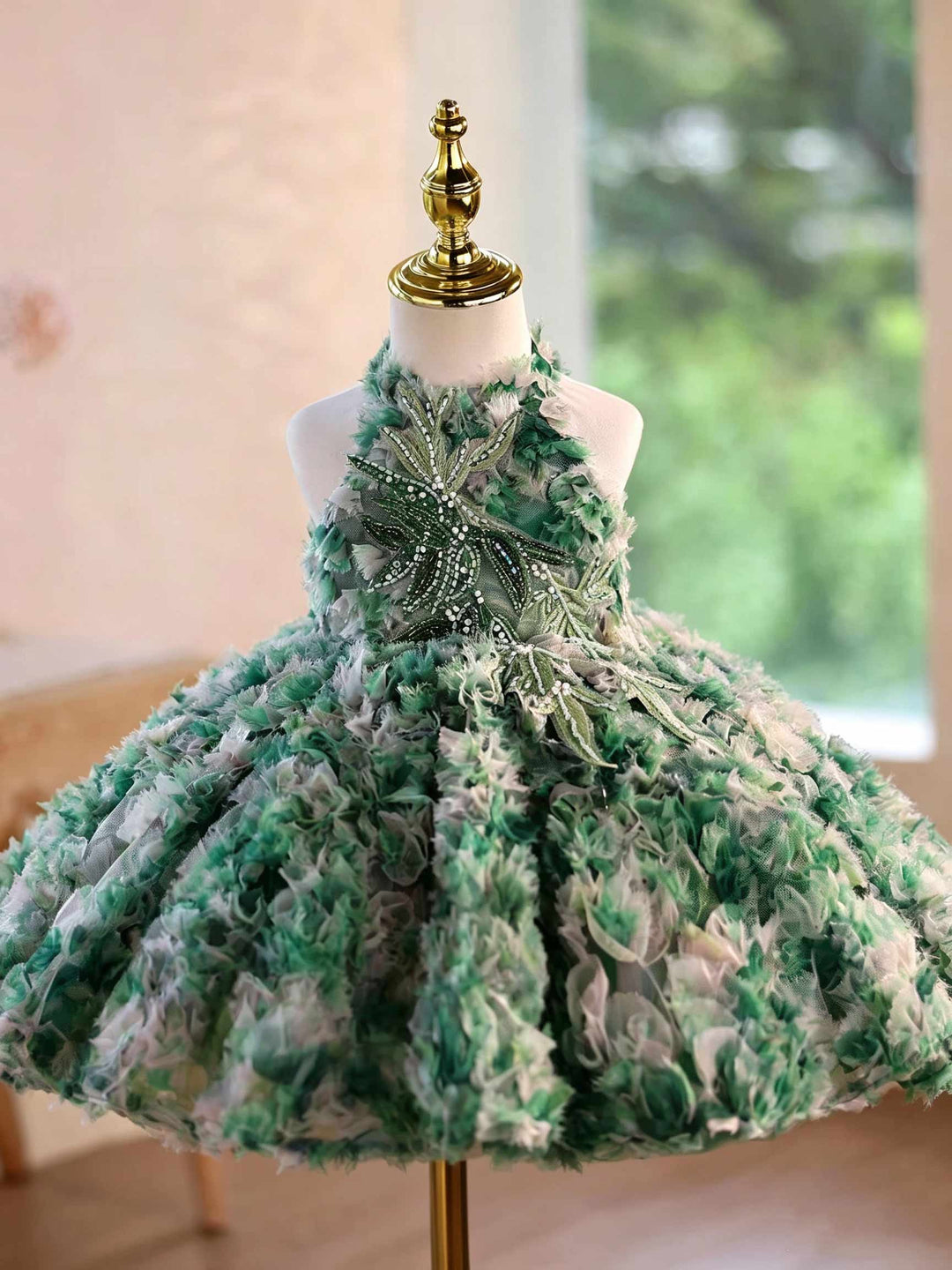 Green 3D Floral Applique Halter Short Flower Girl Dress with Bow J505