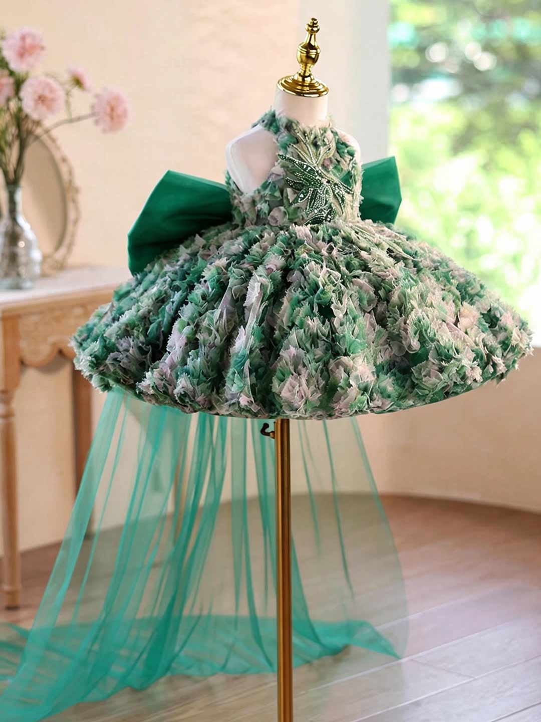 Green 3D Floral Applique Halter Short Flower Girl Dress with Bow J505