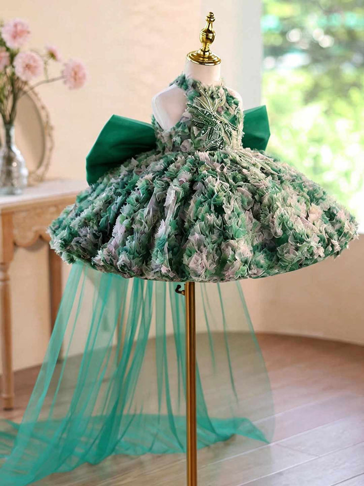 Green 3D Floral Applique Halter Short Flower Girl Dress with Bow J505