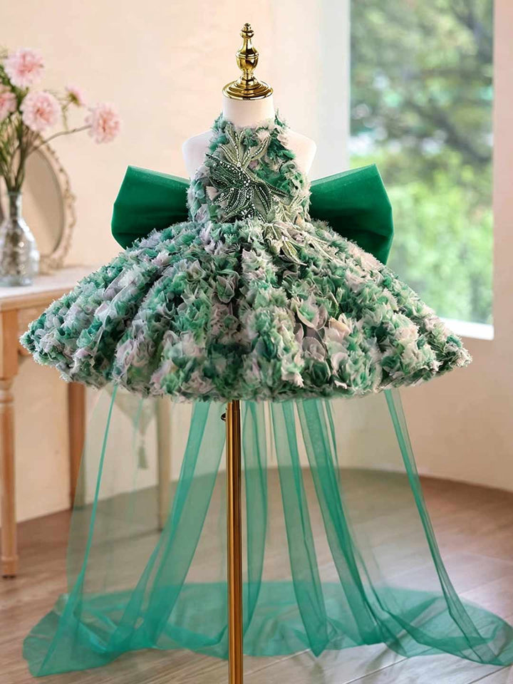Green 3D Floral Applique Halter Short Flower Girl Dress with Bow J505