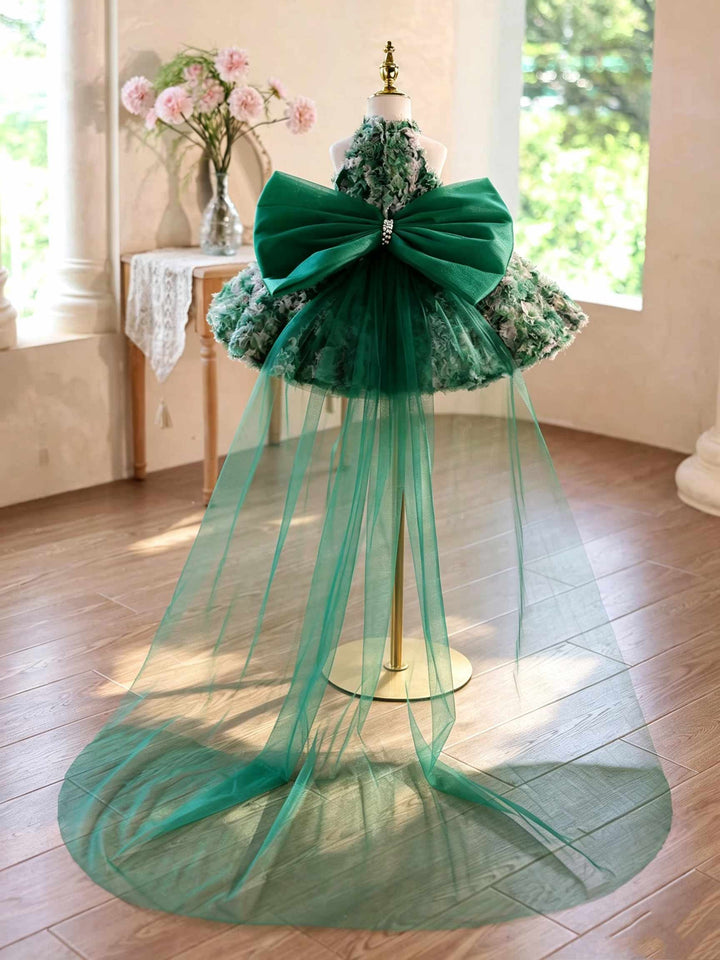 Green 3D Floral Applique Halter Short Flower Girl Dress with Bow J505