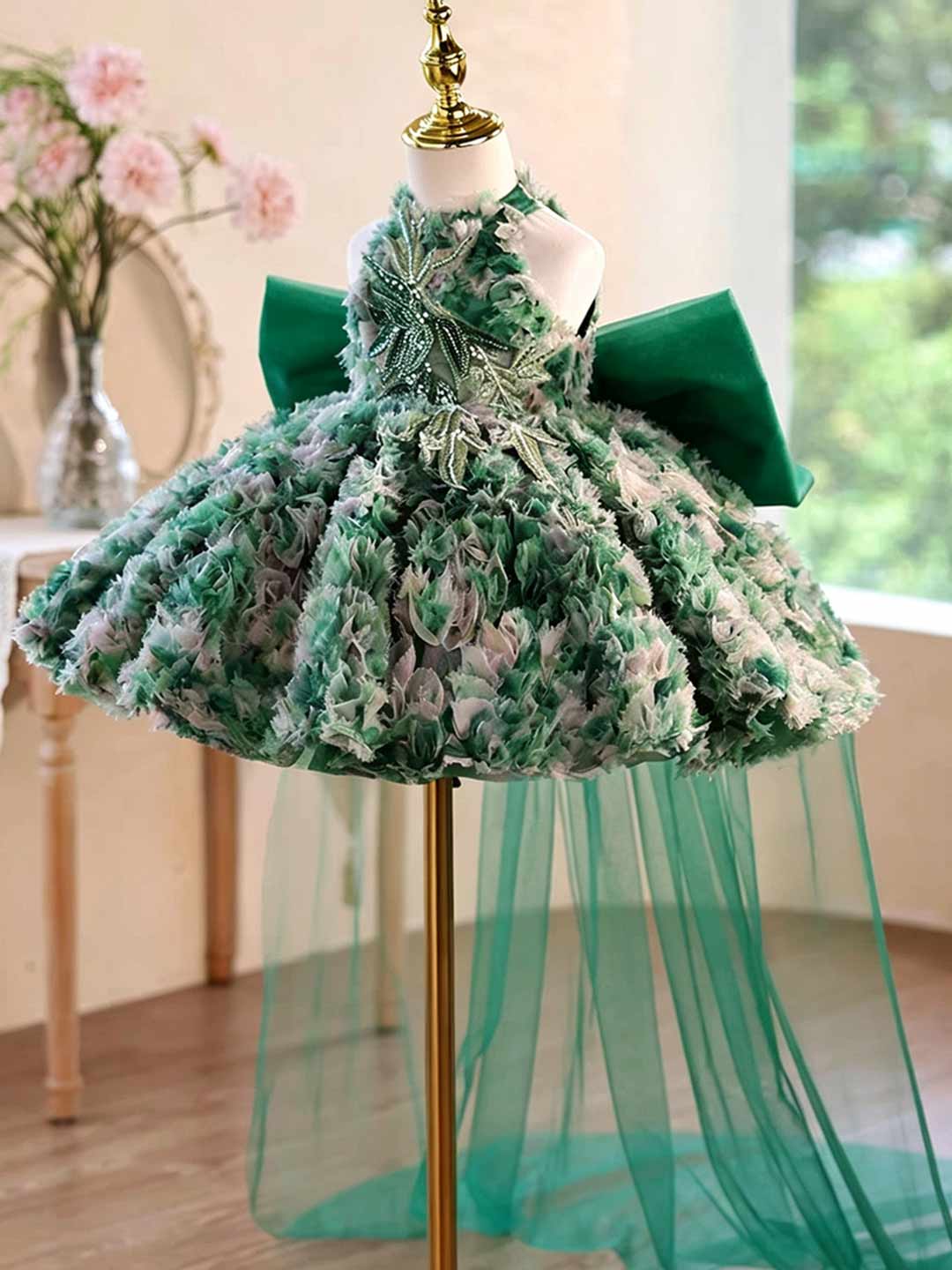 Green 3D Floral Applique Halter Short Flower Girl Dress with Bow J505