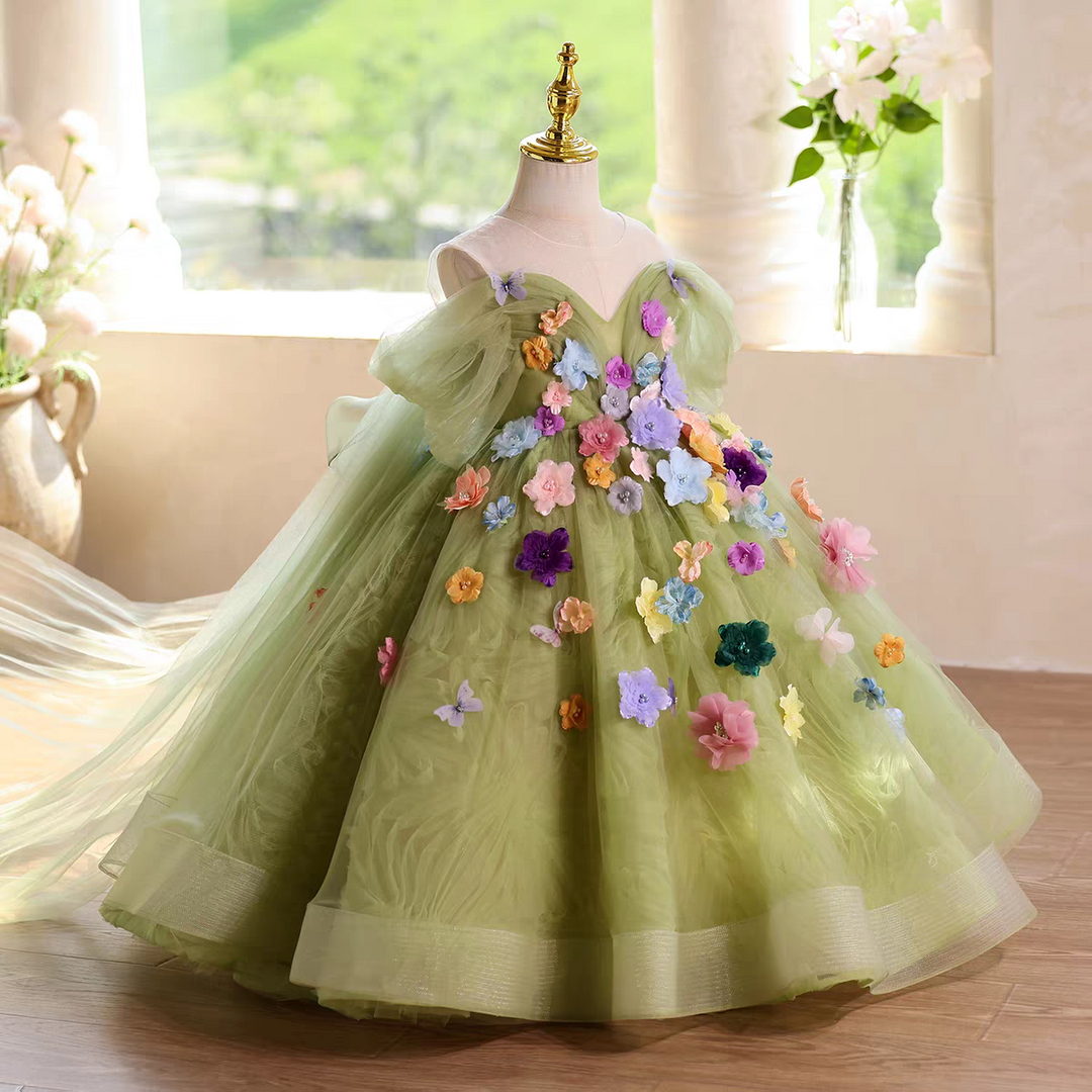 Green Flower Girl Dress with Floral Appliqués Floor Length D103