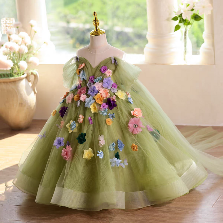 Green Flower Girl Dress with Floral Appliqués Floor Length D103