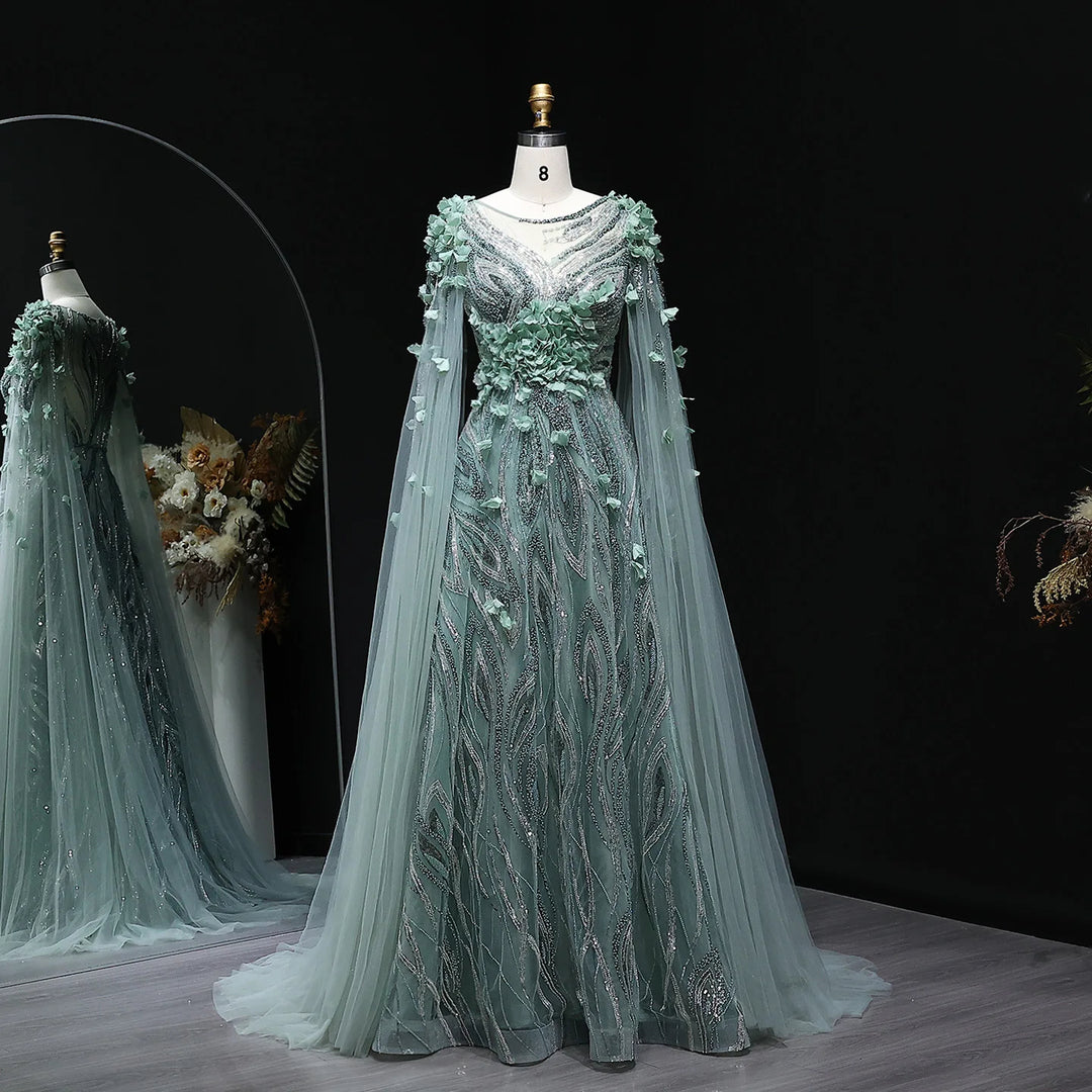 Elegant 3D Floral Beaded Evening Dress with Scarf SS060