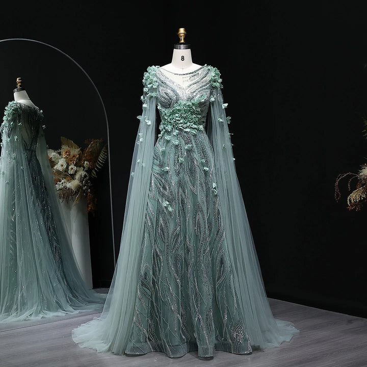 Elegant 3D Floral Beaded Evening Dress with Scarf SS060