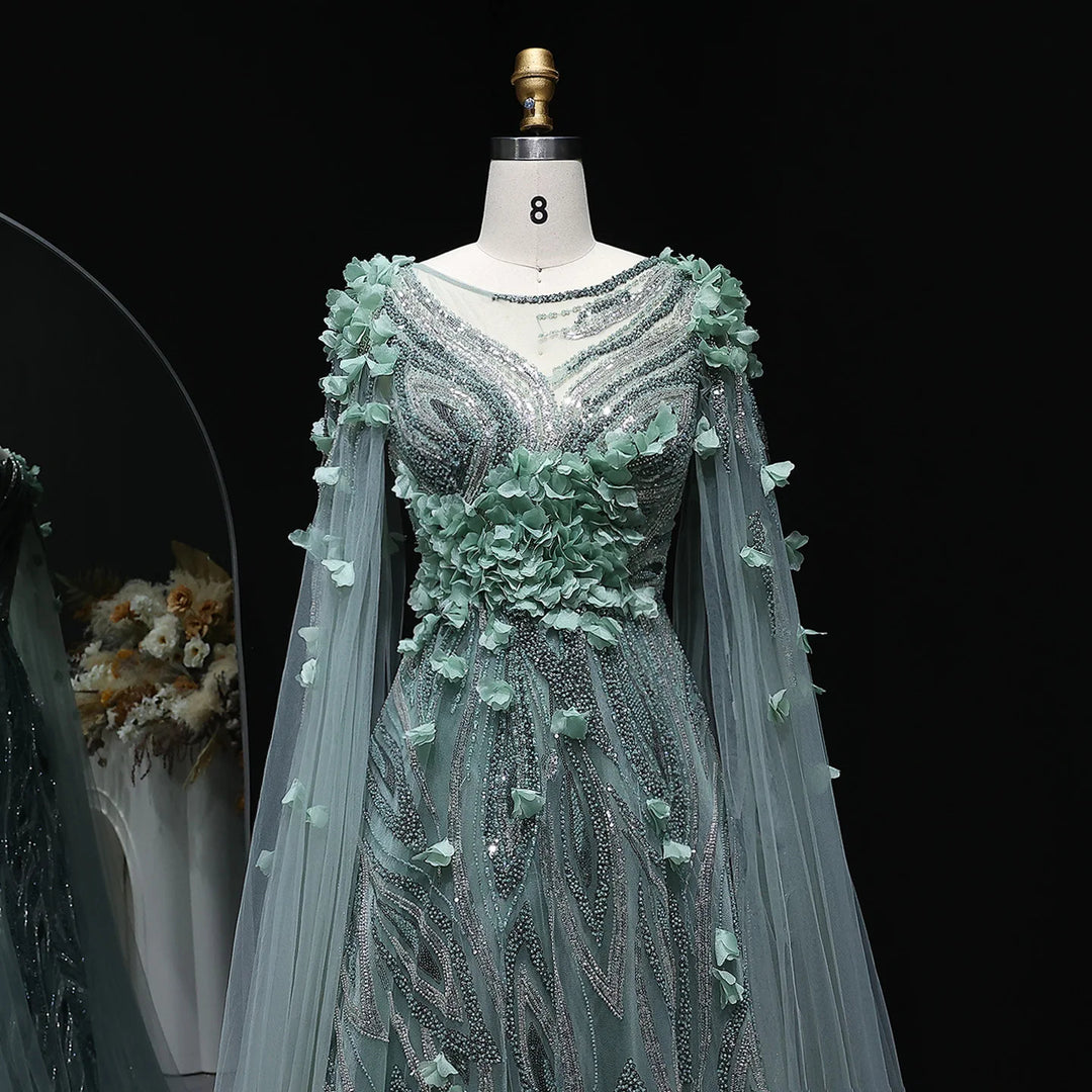 Elegant 3D Floral Beaded Evening Dress with Scarf SS060