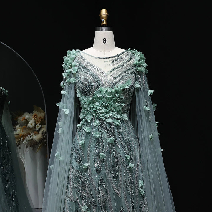 Elegant 3D Floral Beaded Evening Dress with Scarf SS060