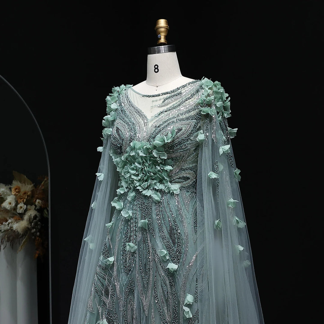 Elegant 3D Floral Beaded Evening Dress with Scarf SS060