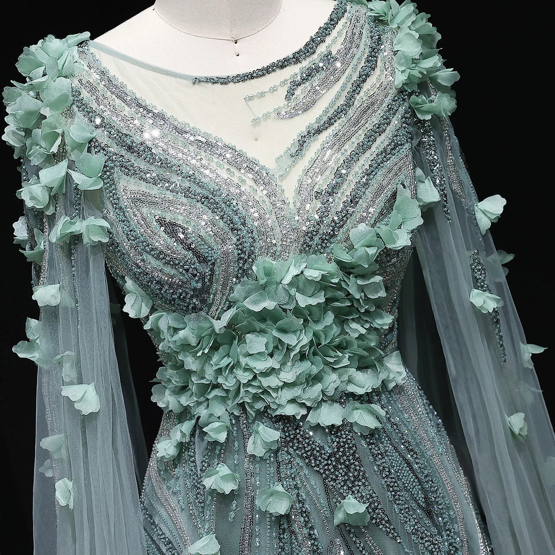 Elegant 3D Floral Beaded Evening Dress with Scarf SS060