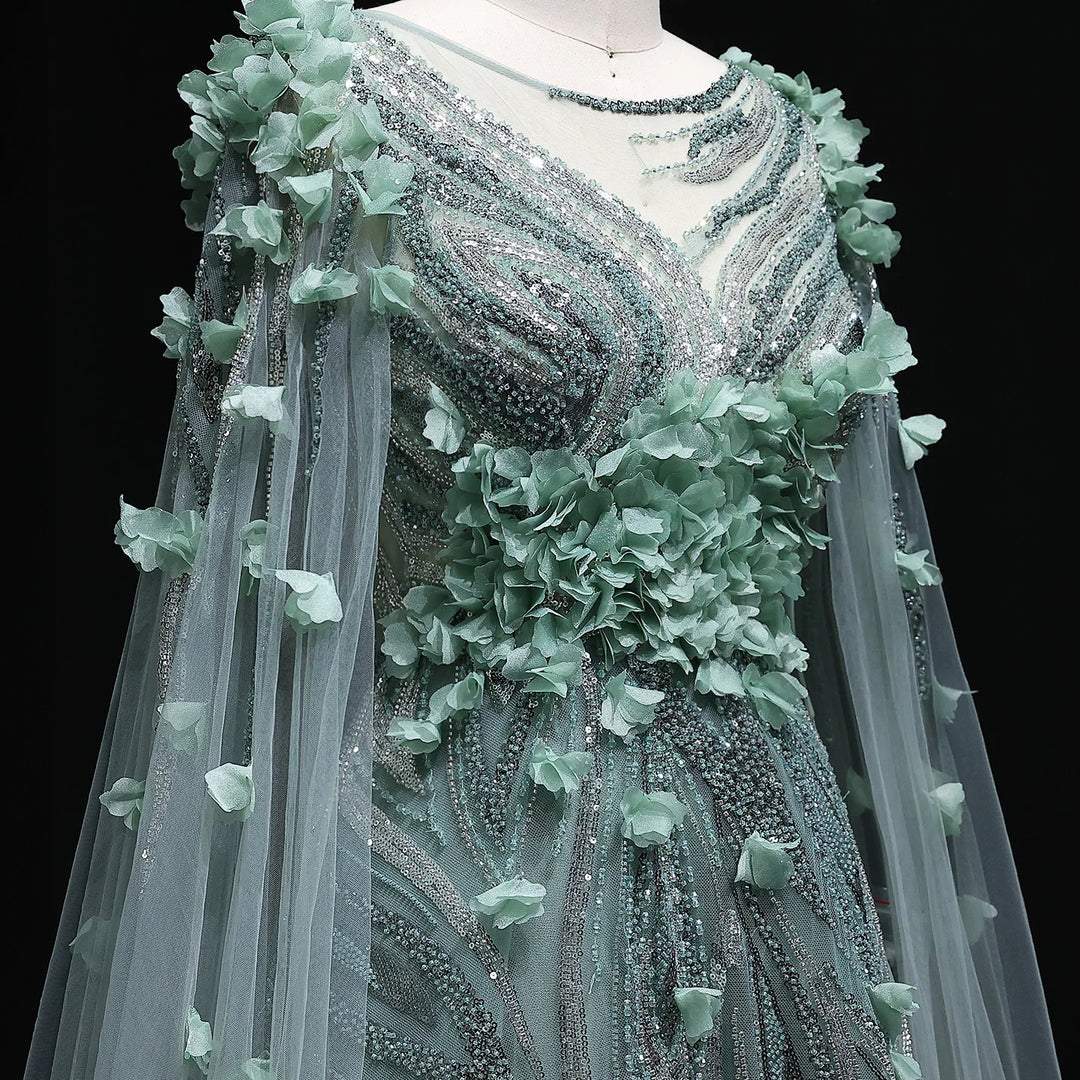 Elegant 3D Floral Beaded Evening Dress with Scarf SS060