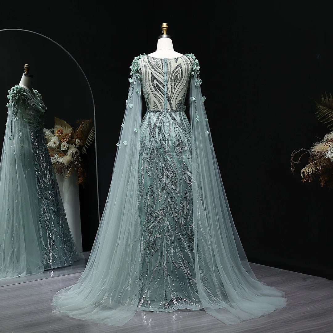 Elegant 3D Floral Beaded Evening Dress with Scarf SS060