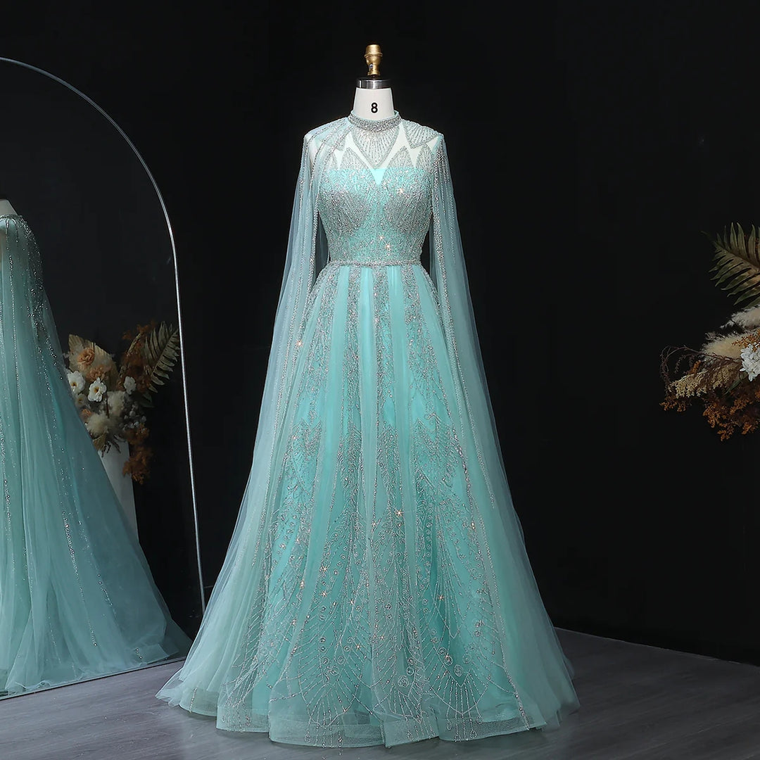 Luxury Pink Arabic Evening Dress with Cape Sleeves Gowns SS050