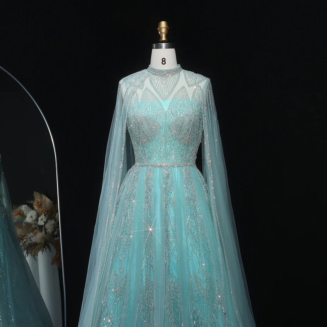 Luxury Pink Arabic Evening Dress with Cape Sleeves Gowns SS050