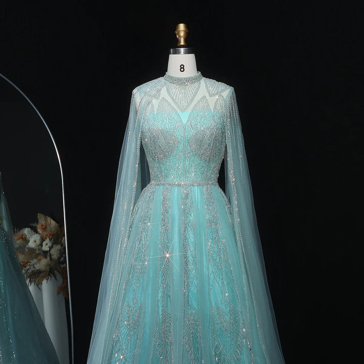 Luxury Pink Arabic Evening Dress with Cape Sleeves Gowns SS050