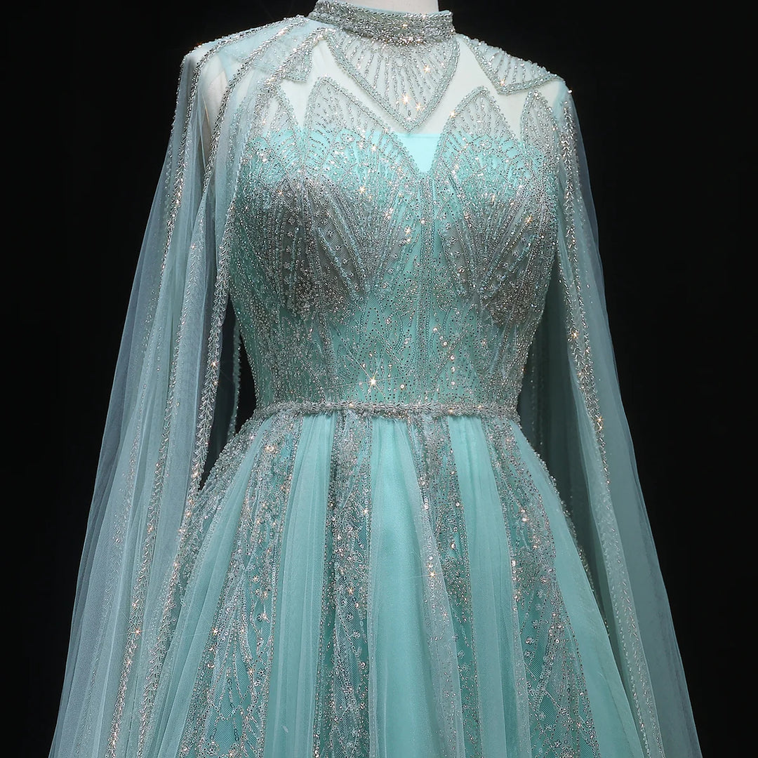 Luxury Pink Arabic Evening Dress with Cape Sleeves Gowns SS050