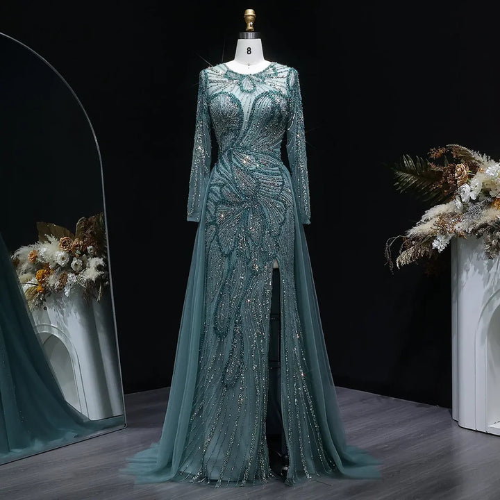 Luxury Wine Red Crystal Embellished Slit Evening Dress with Overskirt SS160