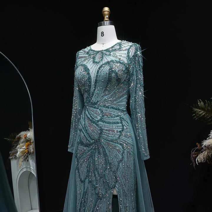 Luxury Wine Red Crystal Embellished Slit Evening Dress with Overskirt SS160