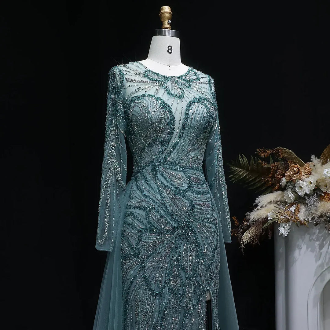 Luxury Wine Red Crystal Embellished Slit Evening Dress with Overskirt SS160