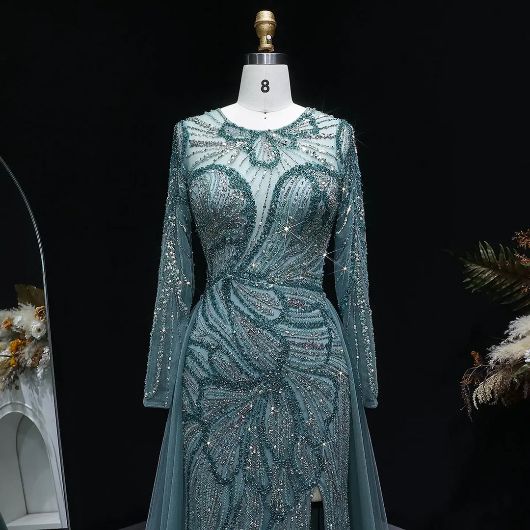 Luxury Wine Red Crystal Embellished Slit Evening Dress with Overskirt SS160