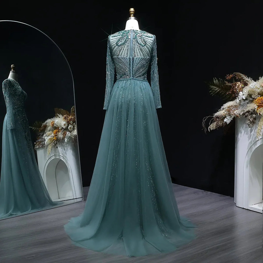 Luxury Wine Red Crystal Embellished Slit Evening Dress with Overskirt SS160