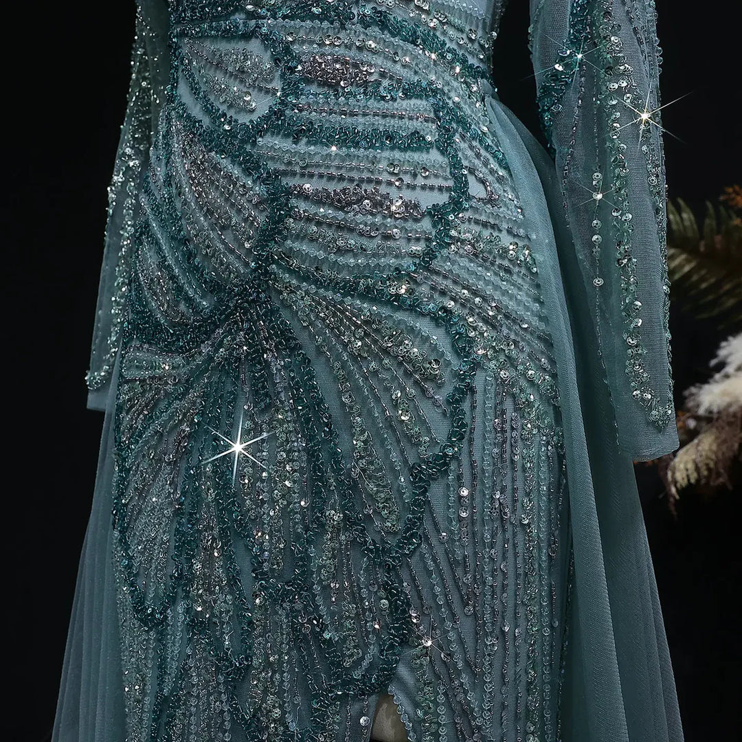 Luxury Wine Red Crystal Embellished Slit Evening Dress with Overskirt SS160