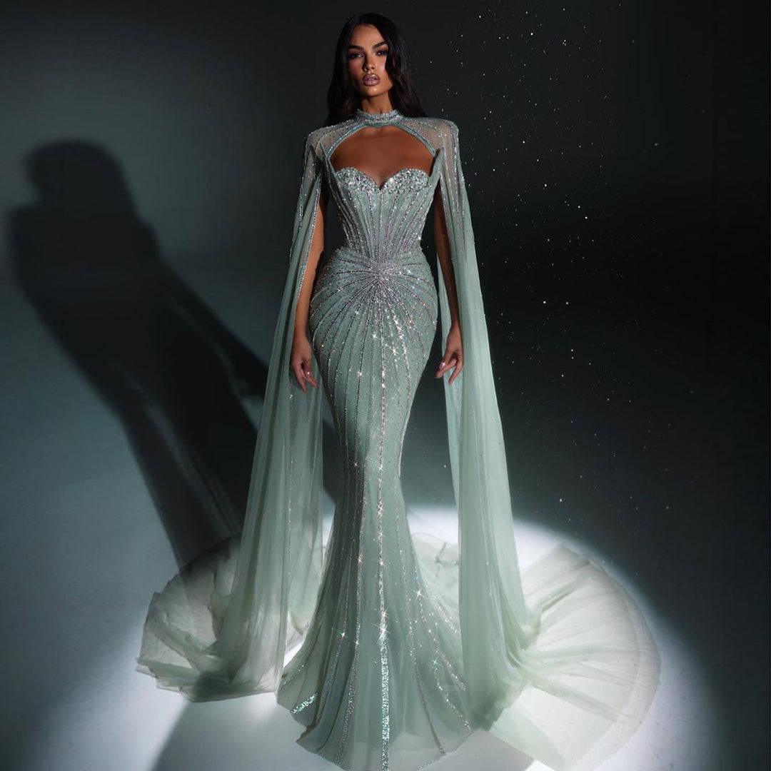 Shimmering Beaded Evening Dress with Cape Train SS156