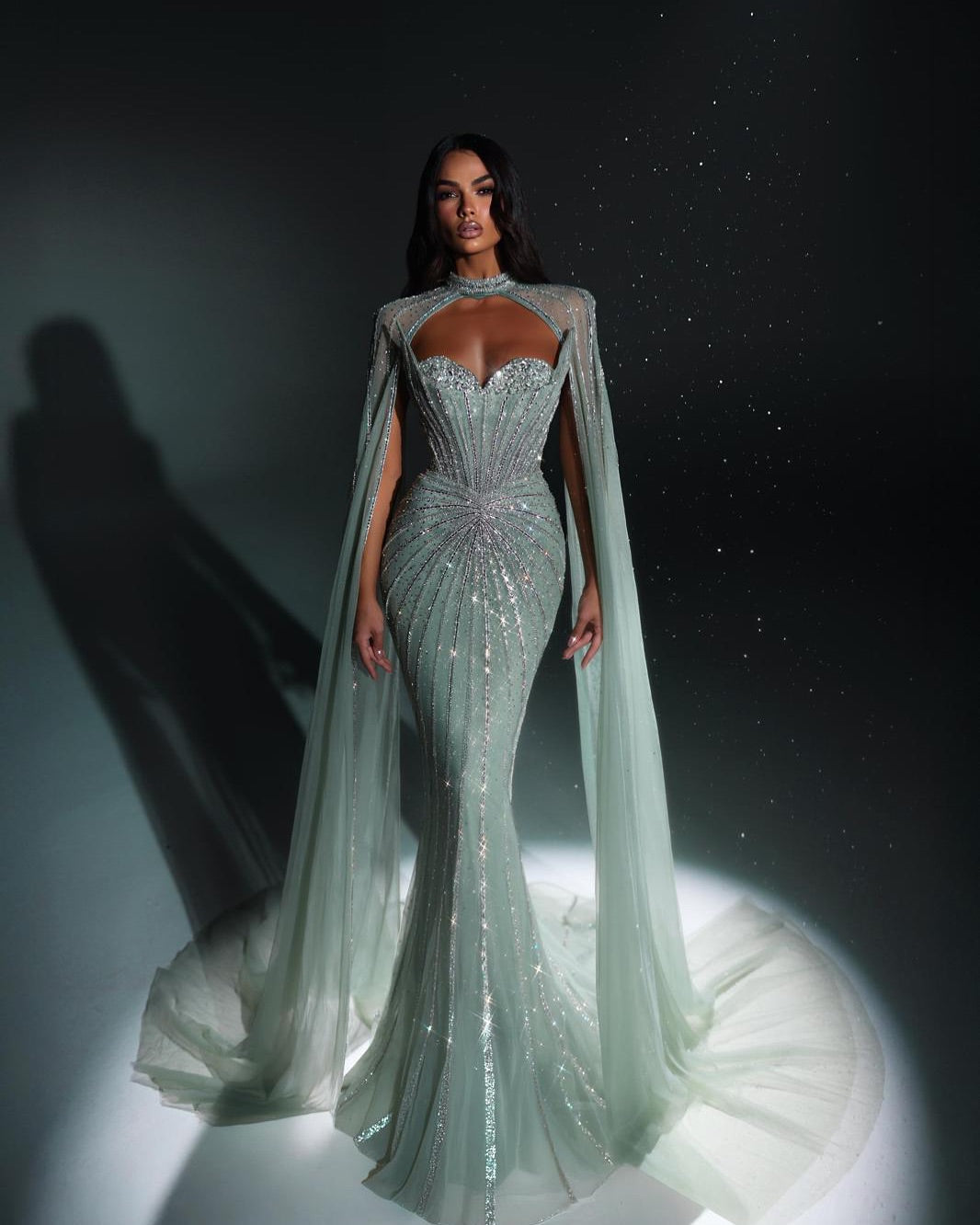 Shimmering Beaded Evening Dress with Cape Train SS156