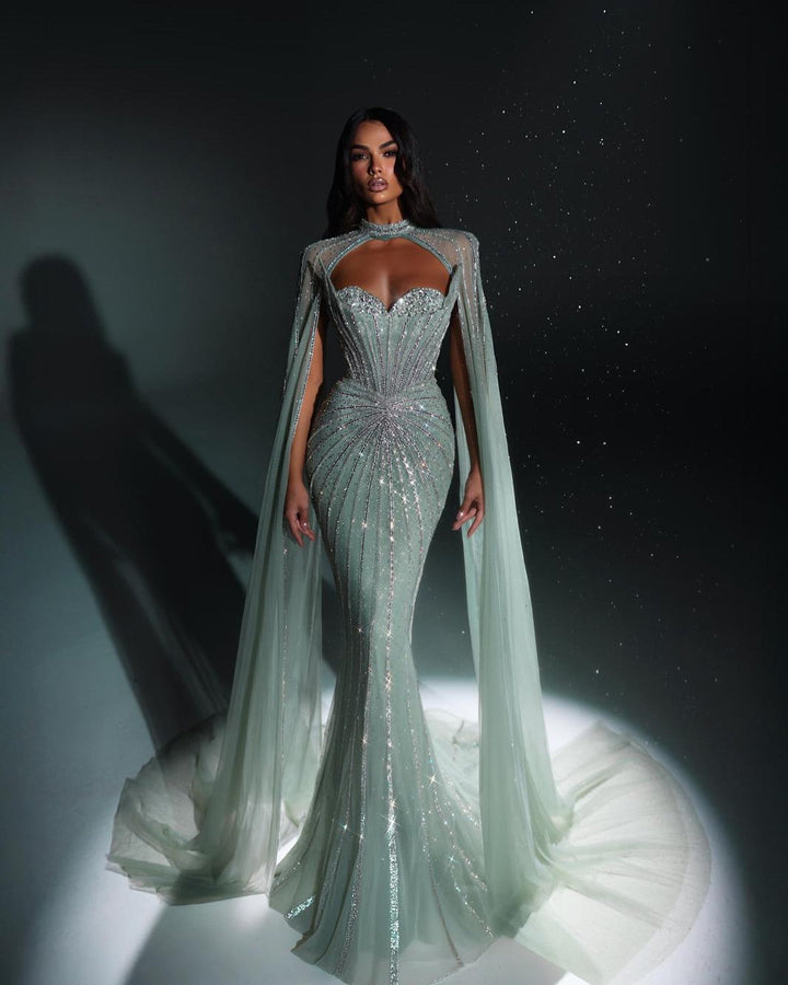 Shimmering Beaded Evening Dress with Cape Train SS156