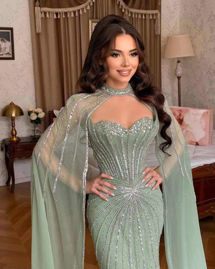 Shimmering Beaded Evening Dress with Cape Train SS156