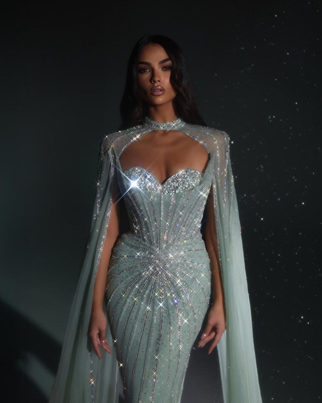 Shimmering Beaded Evening Dress with Cape Train SS156