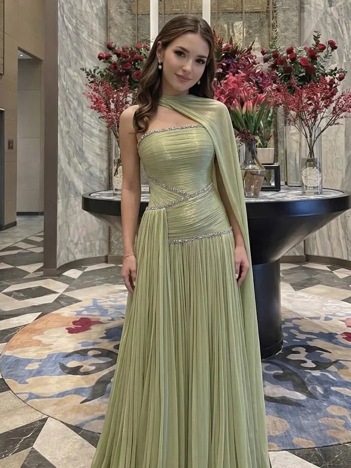 Dreamy Vow Green Strapless Rhinestone Ruched A-Line Evening Dress SF189