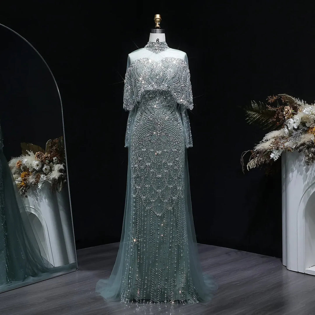 Luxury Gray Dubai Evening Gown with Detachable Overskirt SS557