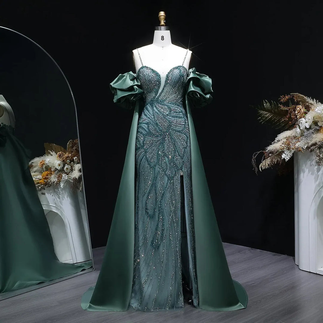 Luxury Green Beaded Slit Evening Gown with Cape SS157