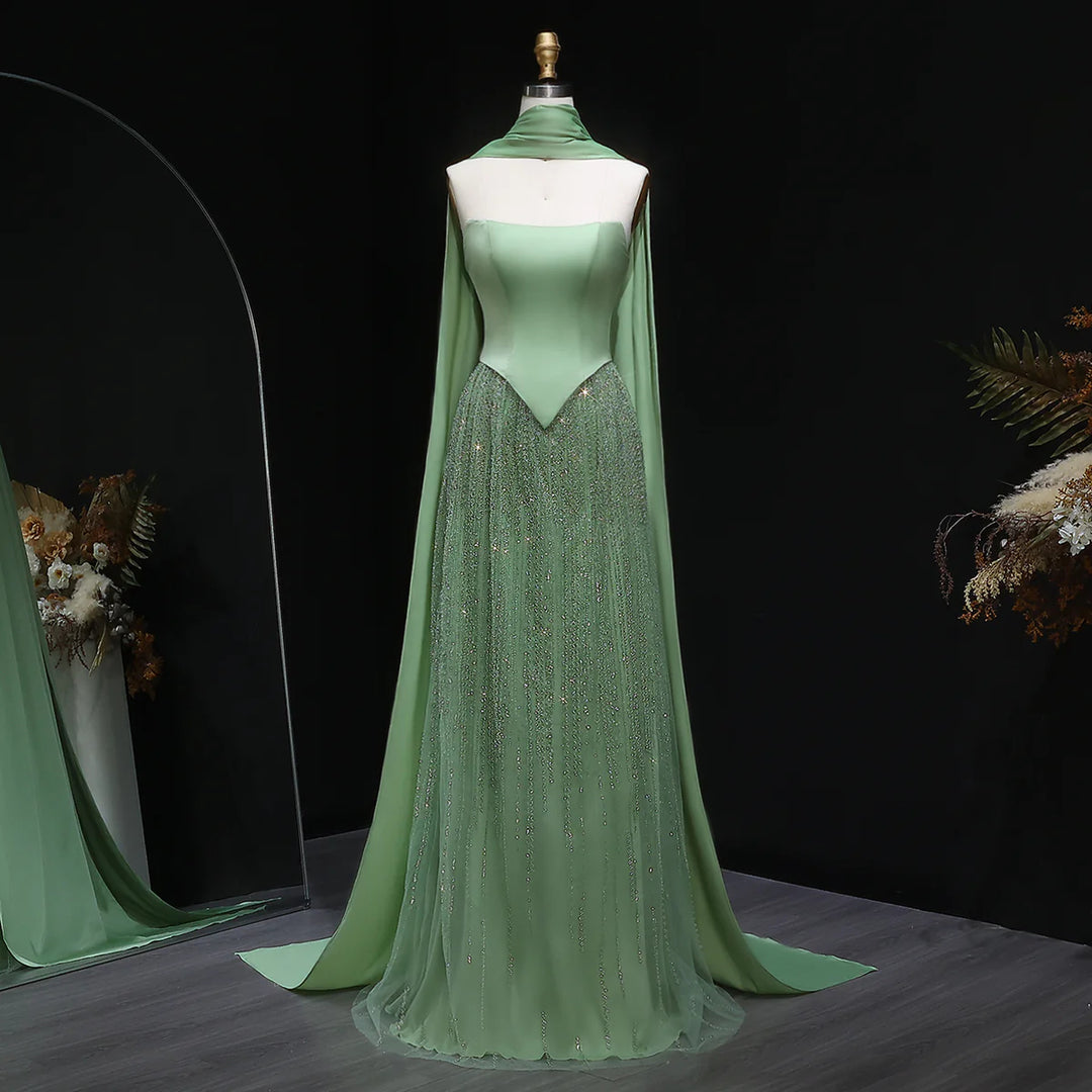 Luxury Sage Green with Scarf ALine Evening Dress SS639