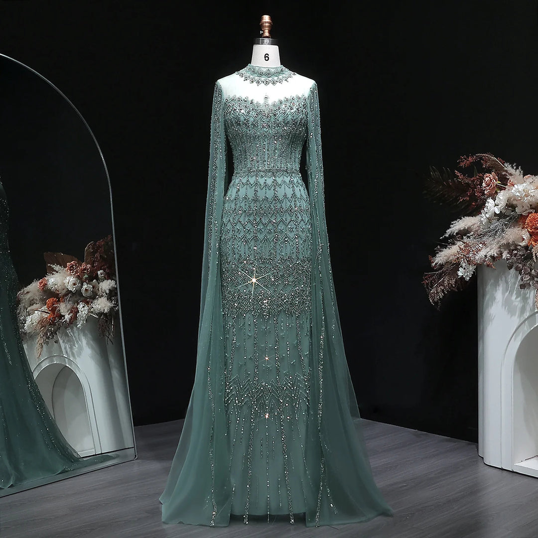 Luxury Sequin Beaded Cape Sleeve Evening Gown SS150