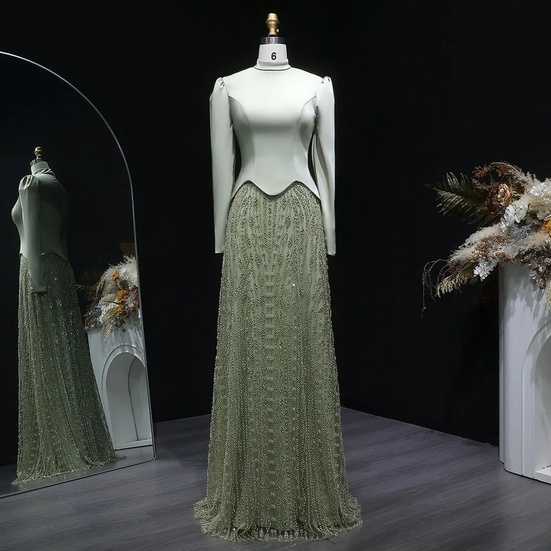 Luxury Sage Green Modest Hijab-Style beaded Evening Dress SS613