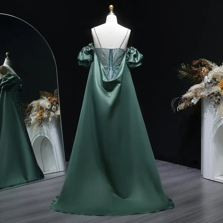 Luxury Green Beaded Slit Evening Gown with Cape SS157