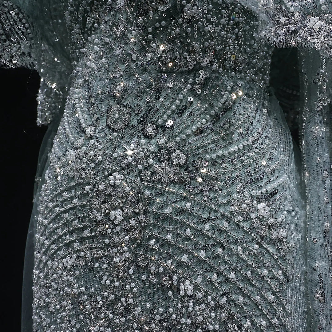 Luxury Gray Dubai Evening Gown with Detachable Overskirt SS557