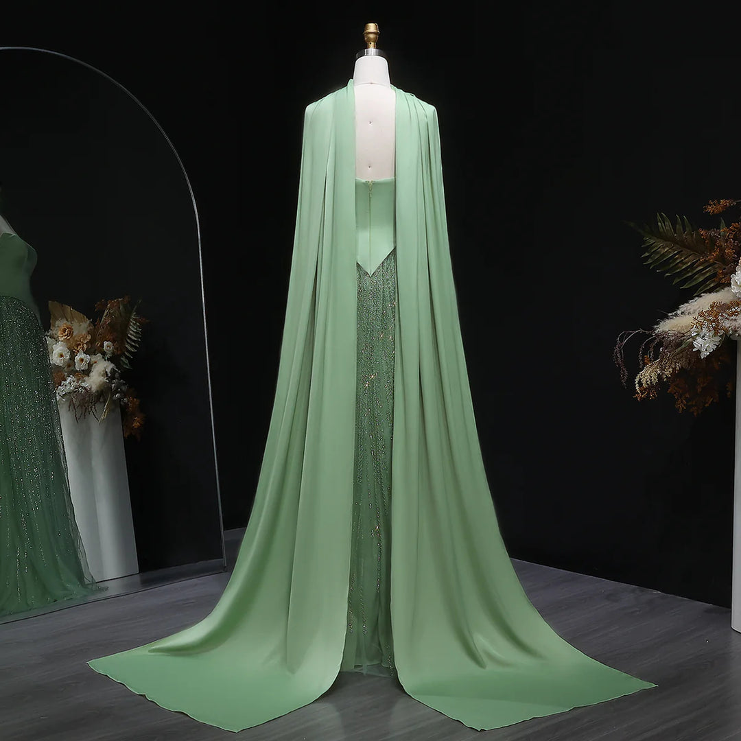 Luxury Sage Green with Scarf ALine Evening Dress SS639