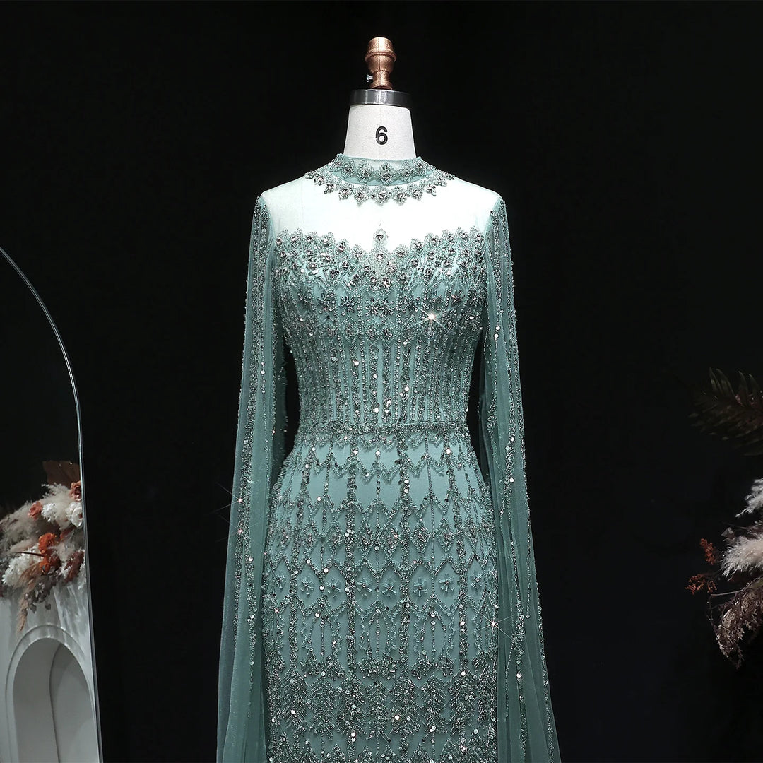 Luxury Sequin Beaded Cape Sleeve Evening Gown SS150