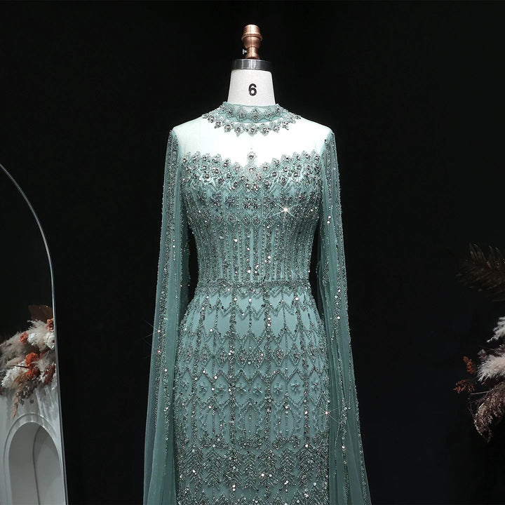 Luxury Sequin Beaded Cape Sleeve Evening Gown SS150