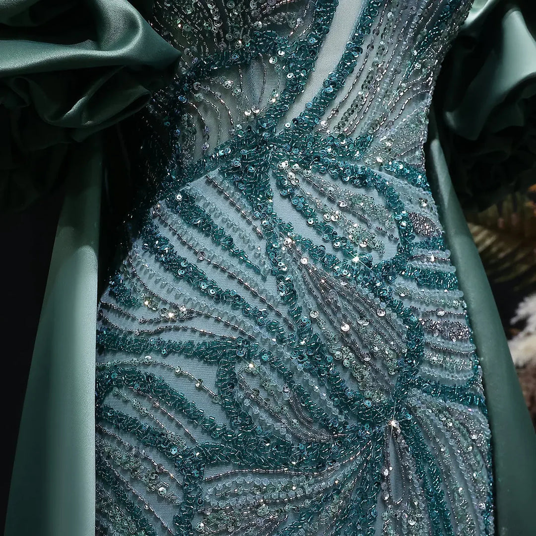 Luxury Green Beaded Slit Evening Gown with Cape SS157
